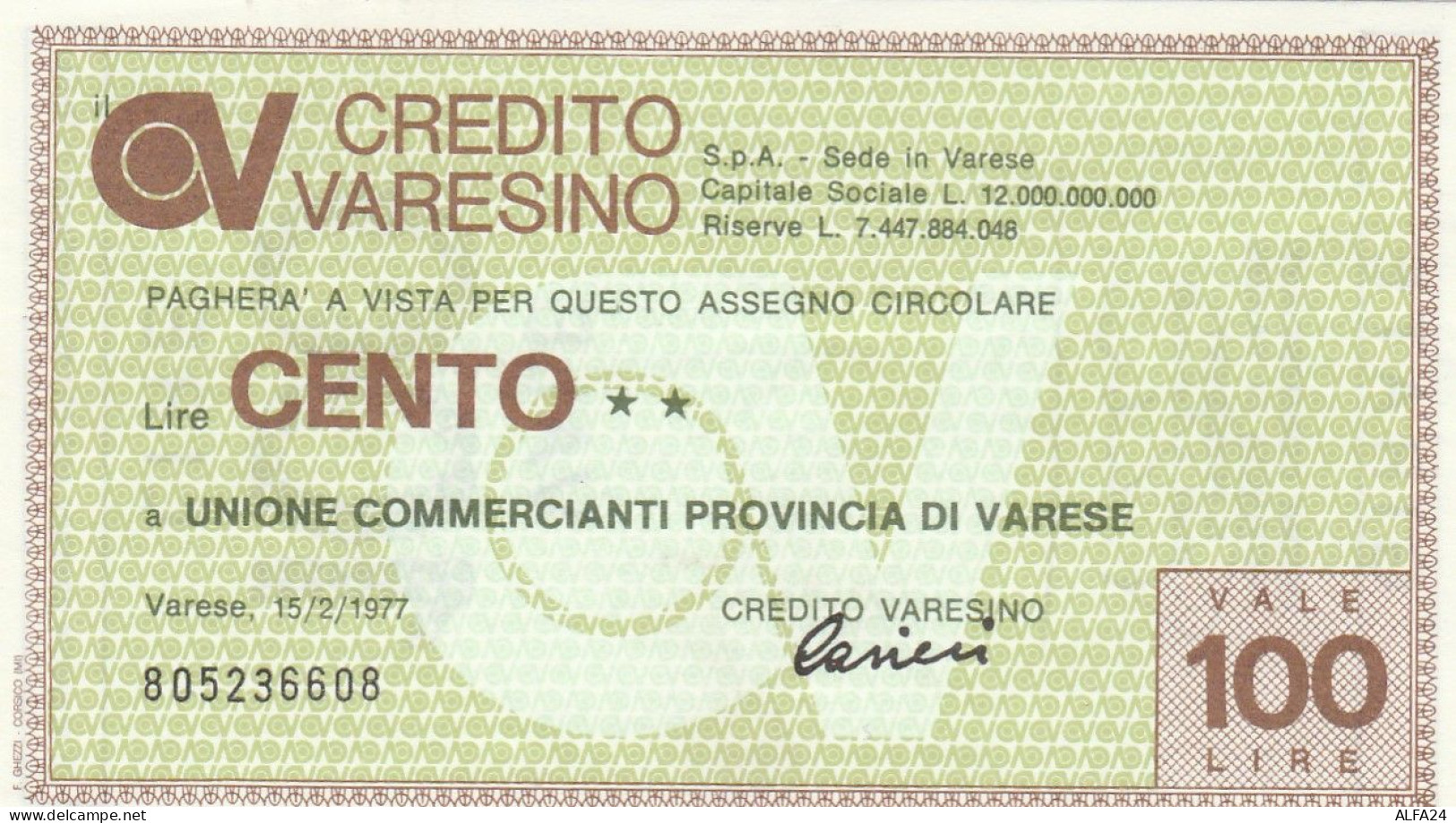 MINIASSEGNO CREDITO VARESINO 100 L. UN COMM VA (A144---FDS - [10] Cheques Y Mini-cheques