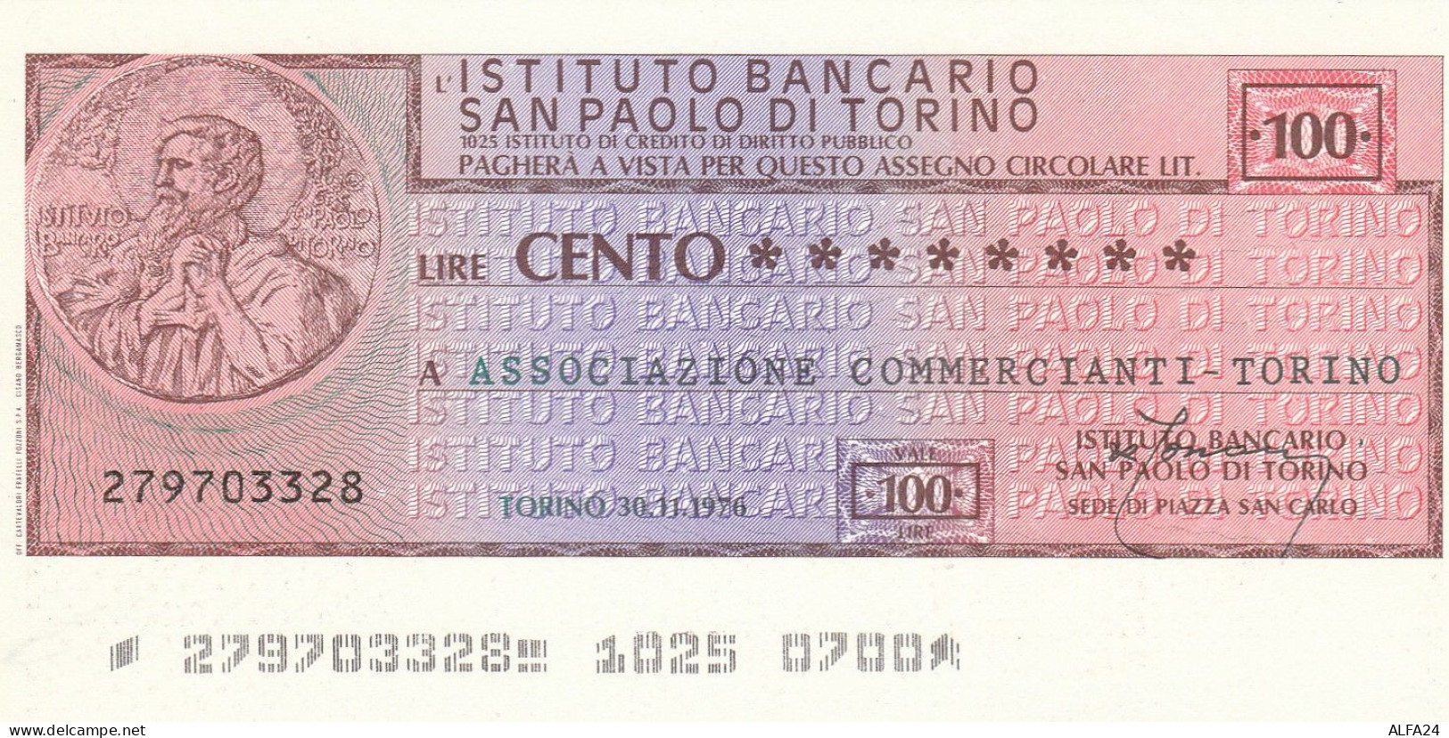 MINIASSEGNO SAN PAOLO TORINO 100 L. ASS COMM TO (A117---FDS - [10] Cheques Y Mini-cheques