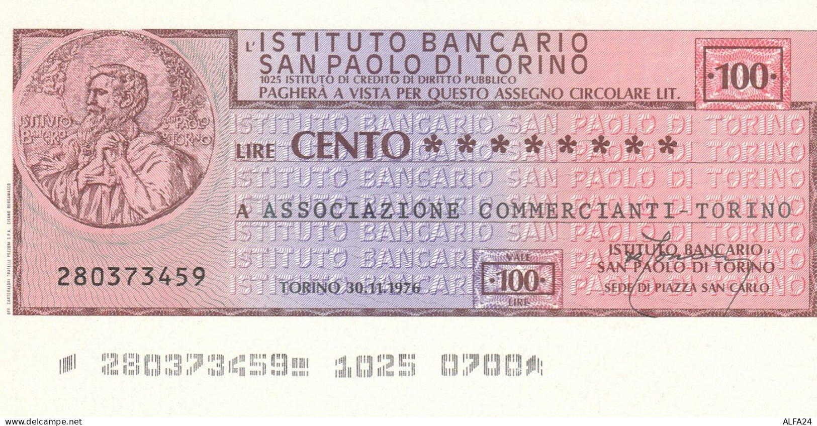 MINIASSEGNO SAN PAOLO TORINO 100 L. ASS COMM TO (A116---FDS - [10] Checks And Mini-checks