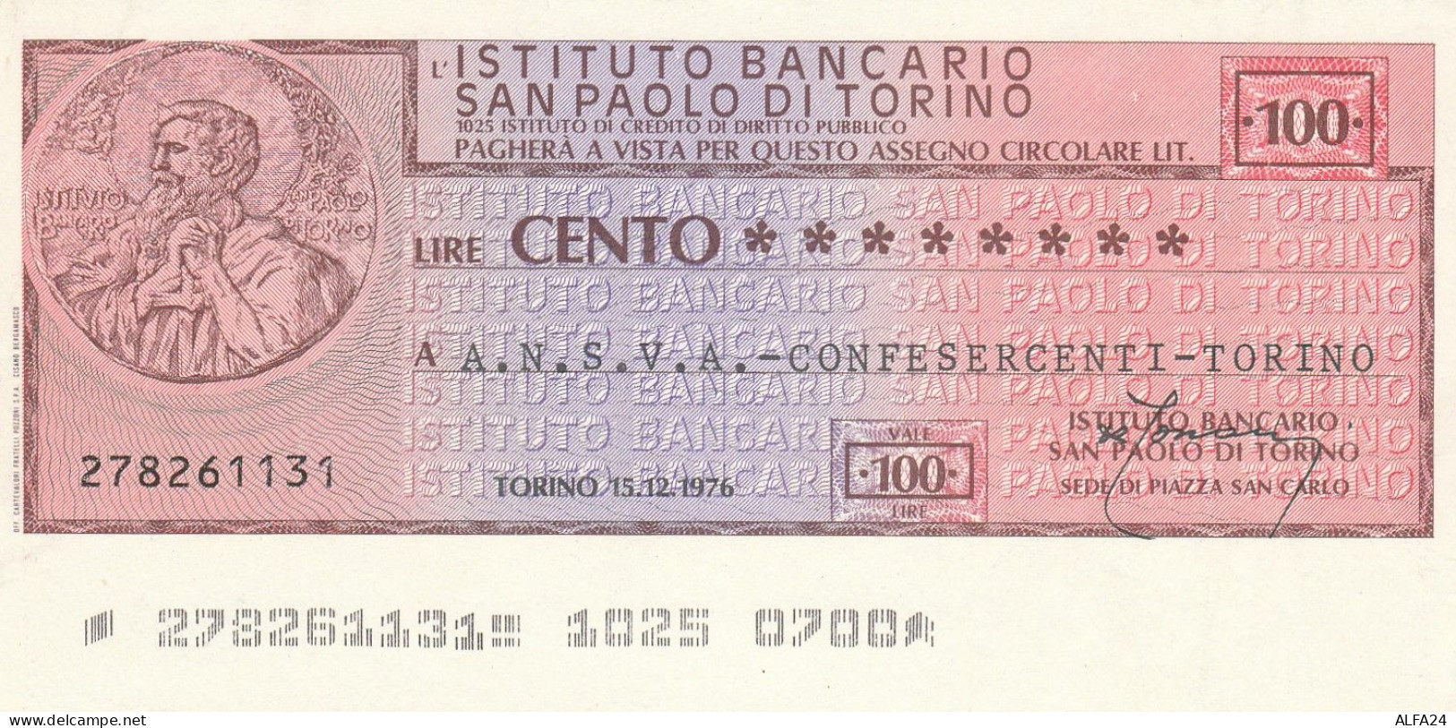 MINIASSEGNO SAN PAOLO TORINO 100 L. A.N.V.A.D. (A109---FDS - [10] Checks And Mini-checks