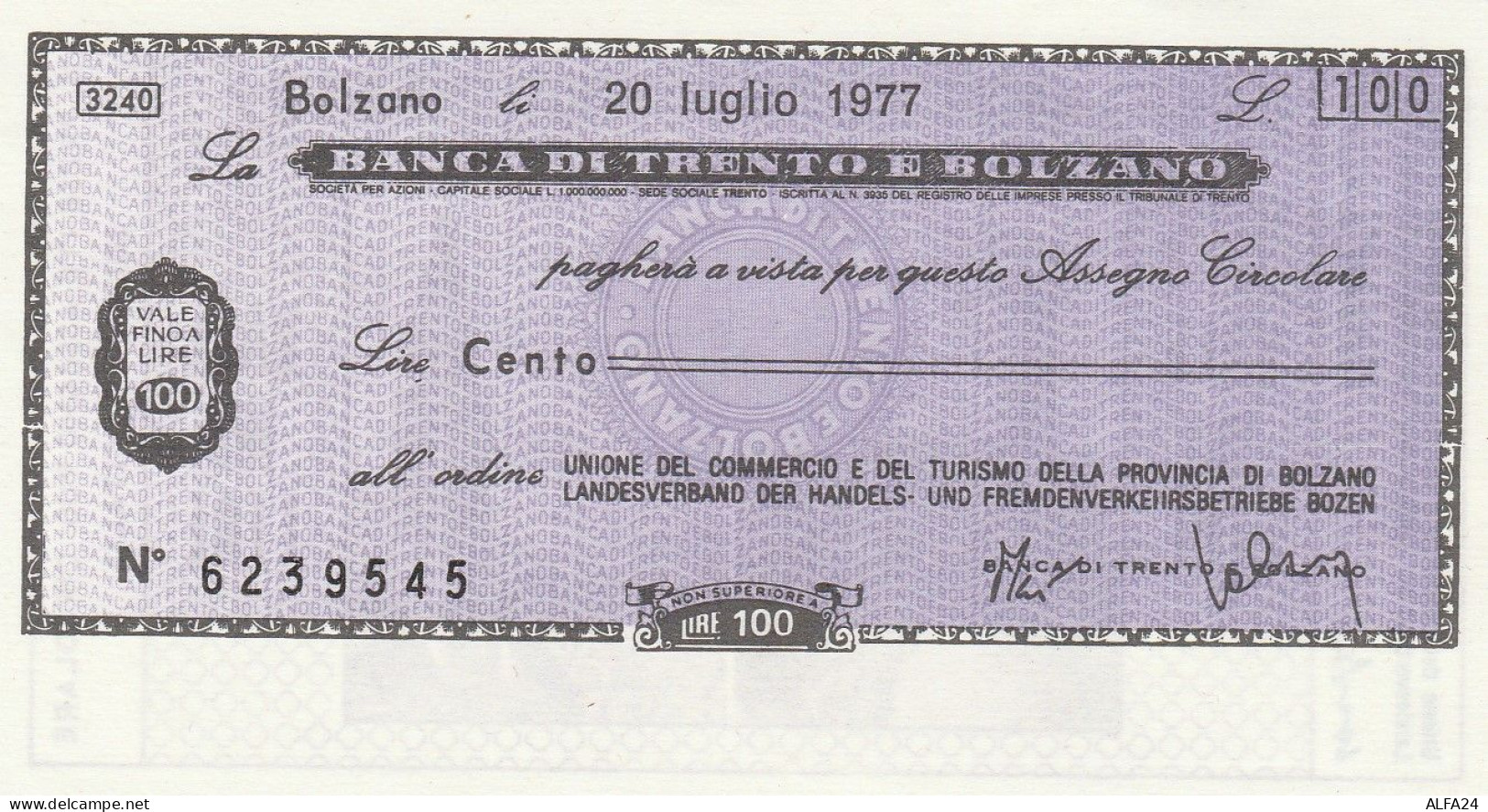 MINIASSEGNO BANCA TRENTO BOLZANO 100 L. UN COMM TURISMO BZ (A72---FDS - [10] Chèques