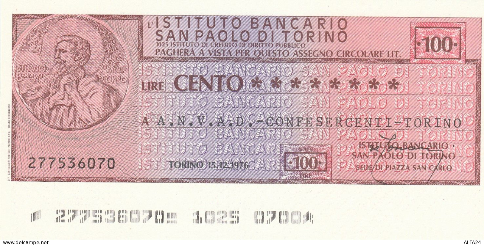 MINIASSEGNO SAN PAOLO TORINO 100 L. A.N.V.A.D. (A108---FDS - [10] Chèques