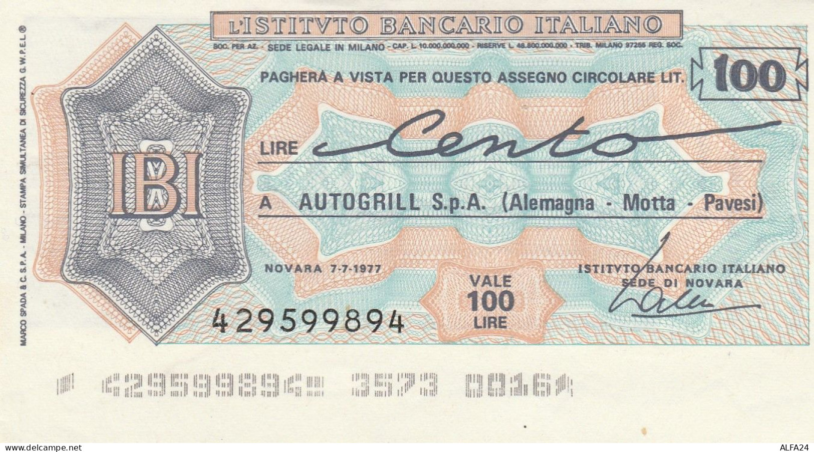 MINIASSEGNO IBI 100 L. AUTOGRILL (A49---FDS - [10] Assegni E Miniassegni