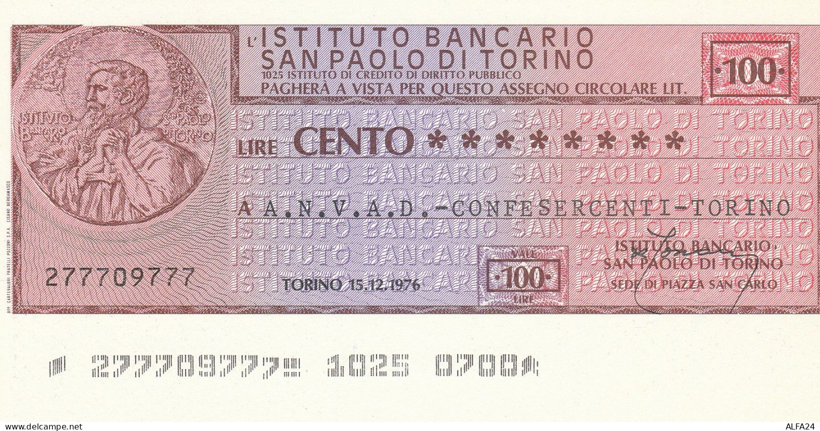 MINIASSEGNO SAN PAOLO TORINO 100 L. A.N.V.A.D. (A107---FDS - [10] Chèques