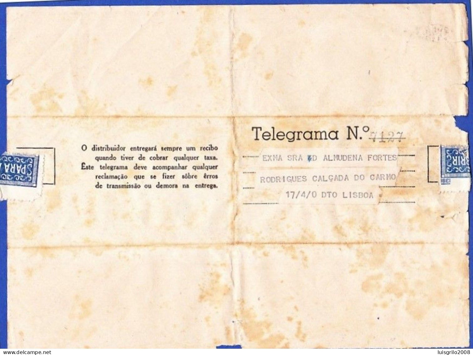 Telegram/ Telegrama - Lisboa > Lisboa -|- Postmark - TELEGRAFOS. Lisboa. 1948 - Storia Postale