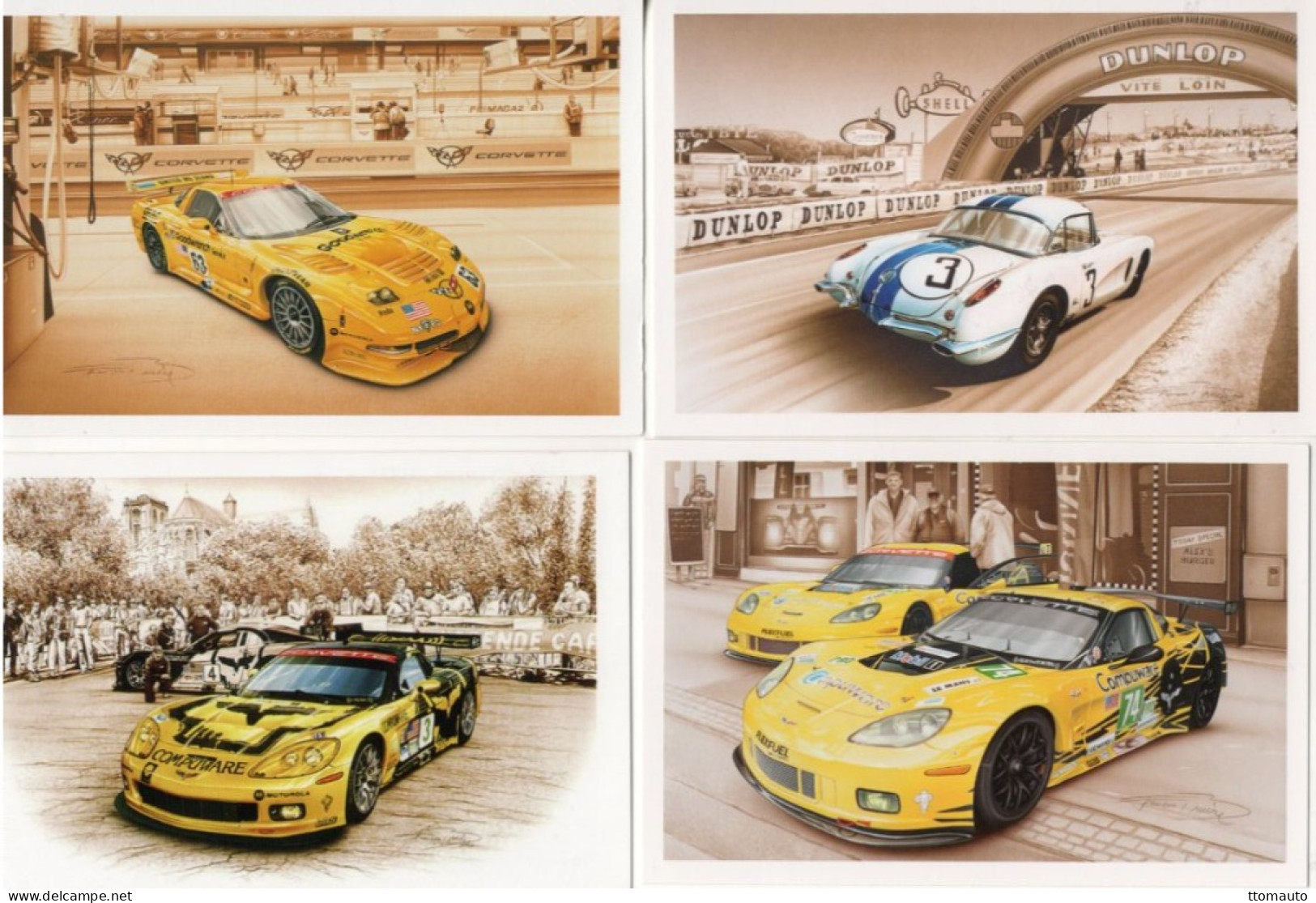 Lot Of 4 Art Cards Of CHEVROLET CORVETTE At LE MANS  - Artiste:Francois Bruere - CPM - Le Mans