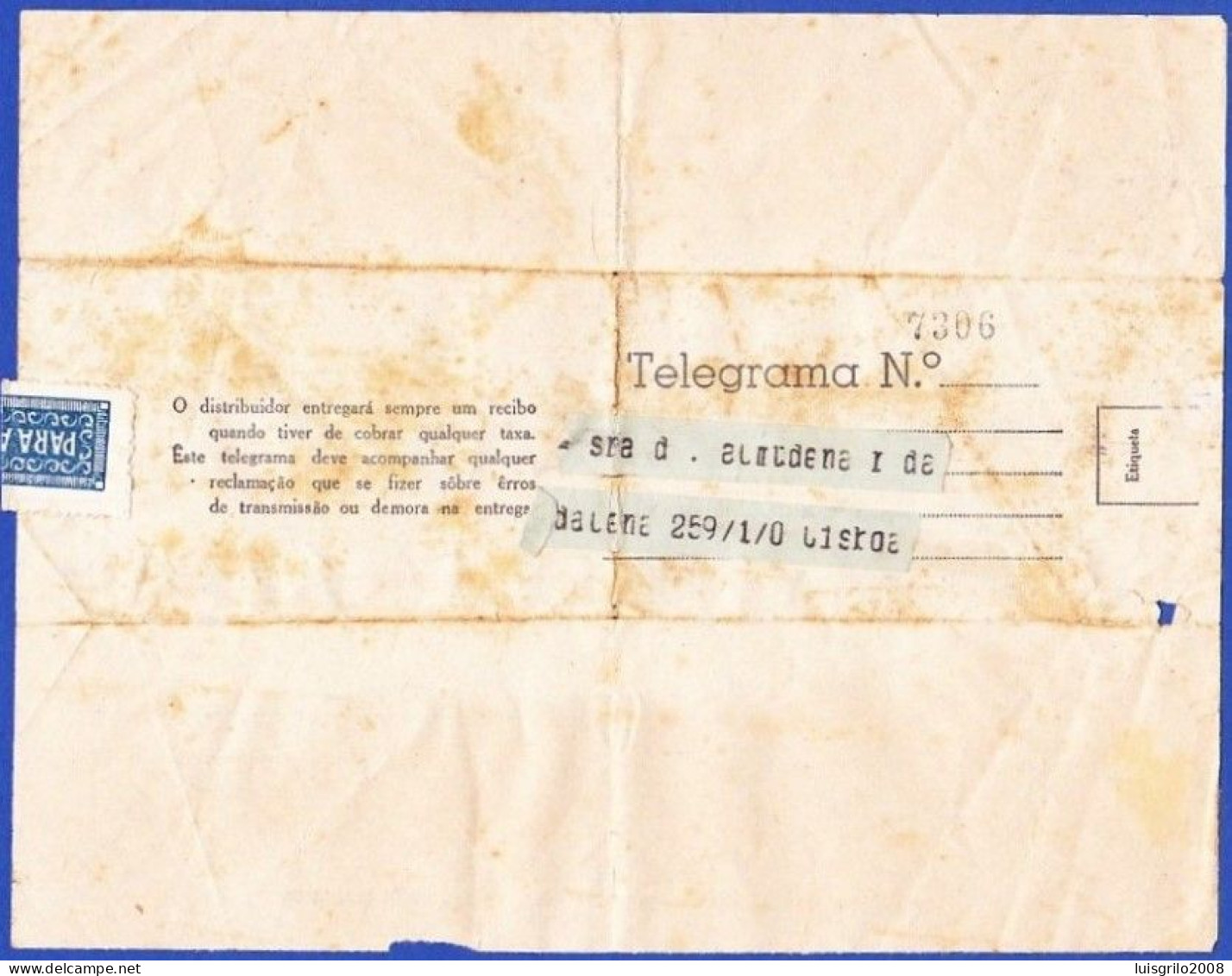 Telegram/ Telegrama - Postmark ESTAÇÃO CENTRAL TELEGRÁFICA De LISBOA . 1948 -|- Restauradores, Lisboa > Lisboa - Brieven En Documenten