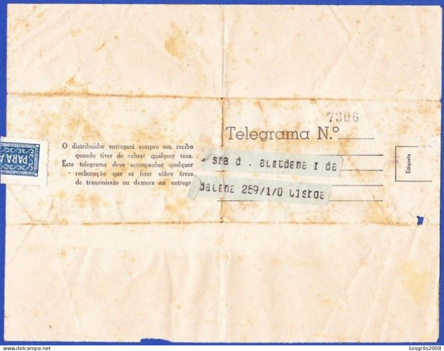 Telegram/ Telegrama - Postmark ESTAÇÃO CENTRAL TELEGRÁFICA De LISBOA . 1948 -|- Restauradores, Lisboa > Lisboa - Lettres & Documents