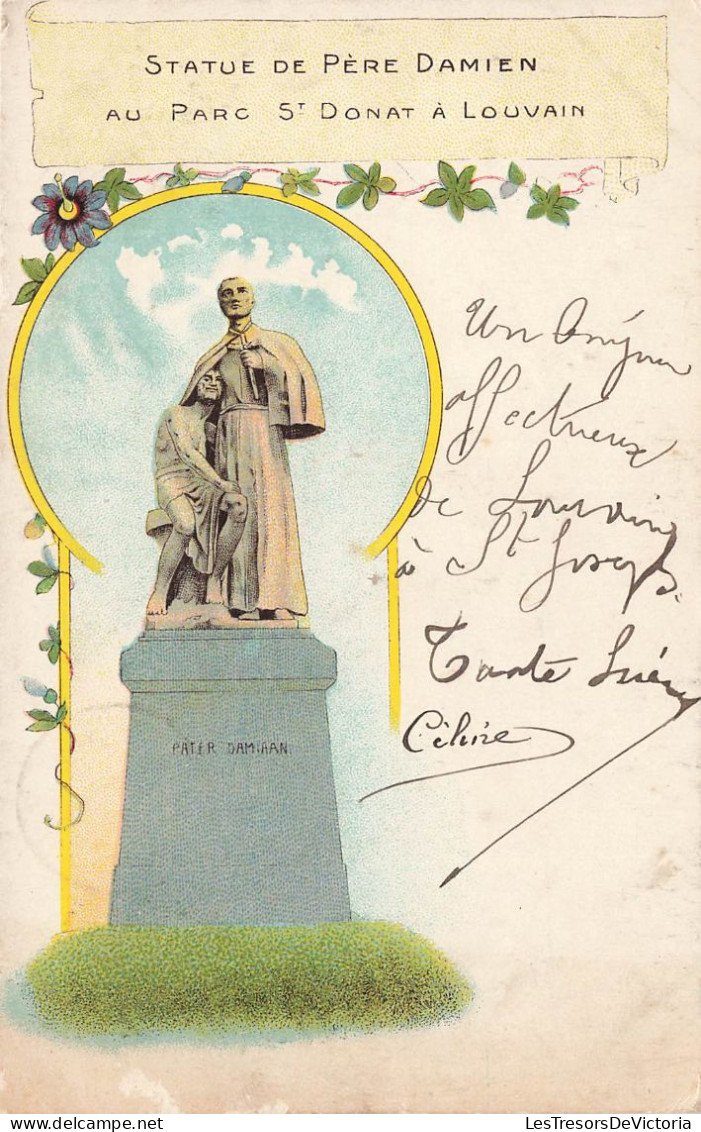 BELGIQUE - Louvain - Statue De Père Damien  Au Parc Saint Donat - Dessin - Carte Postale Ancienne - Leuven