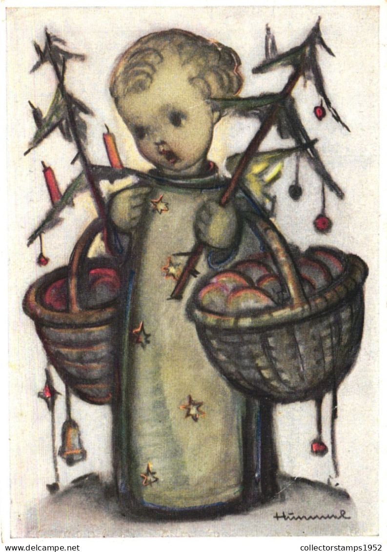 ILLUSTRATION, M.I. HUMMEL, DER WEIHNACHTSENGEL, NR. 4779, CHILD, CANDLE, BASKET, GIFTS, SIGNED, POSTCARD - Hummel