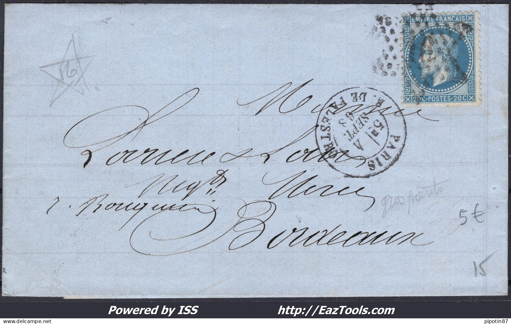 FRANCE N°29B SUR LETTRE AVEC ETOILE DE PARIS 16 + CAD R. DE PALESTRO DU 04/09/1868 - 1863-1870 Napoléon III. Laure