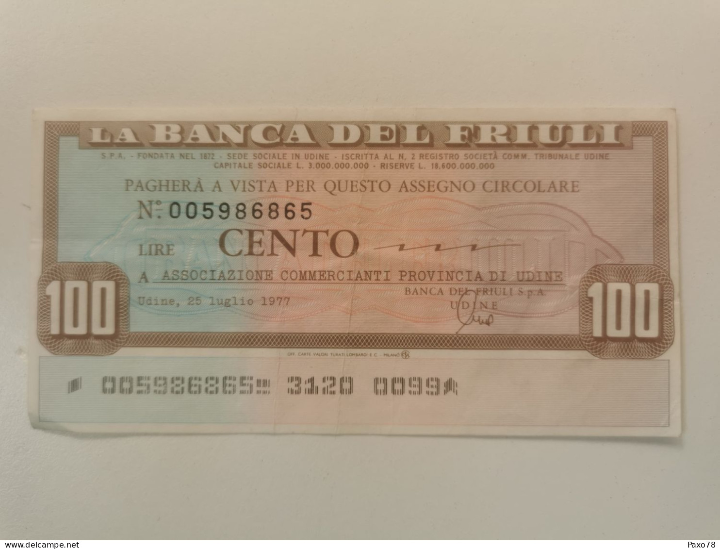 Italie, 100 Lire Banca Del Friuli - Autres & Non Classés
