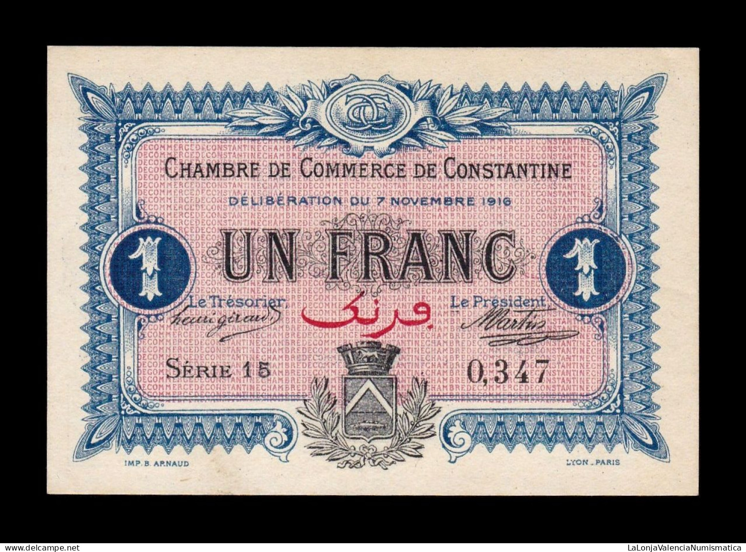 Argelia Algeria Constantine Chambre De Commerce 1 Franc 1916 Sc- AUnc - Algeria