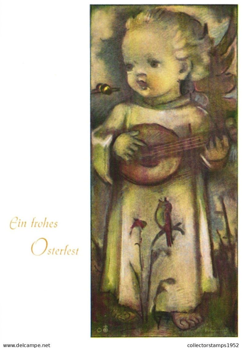 ILLUSTRATION, M.I. HUMMEL, NR. 14552, CHILD, LUTE, EASTER, SIGNED, POSTCARD - Hummel