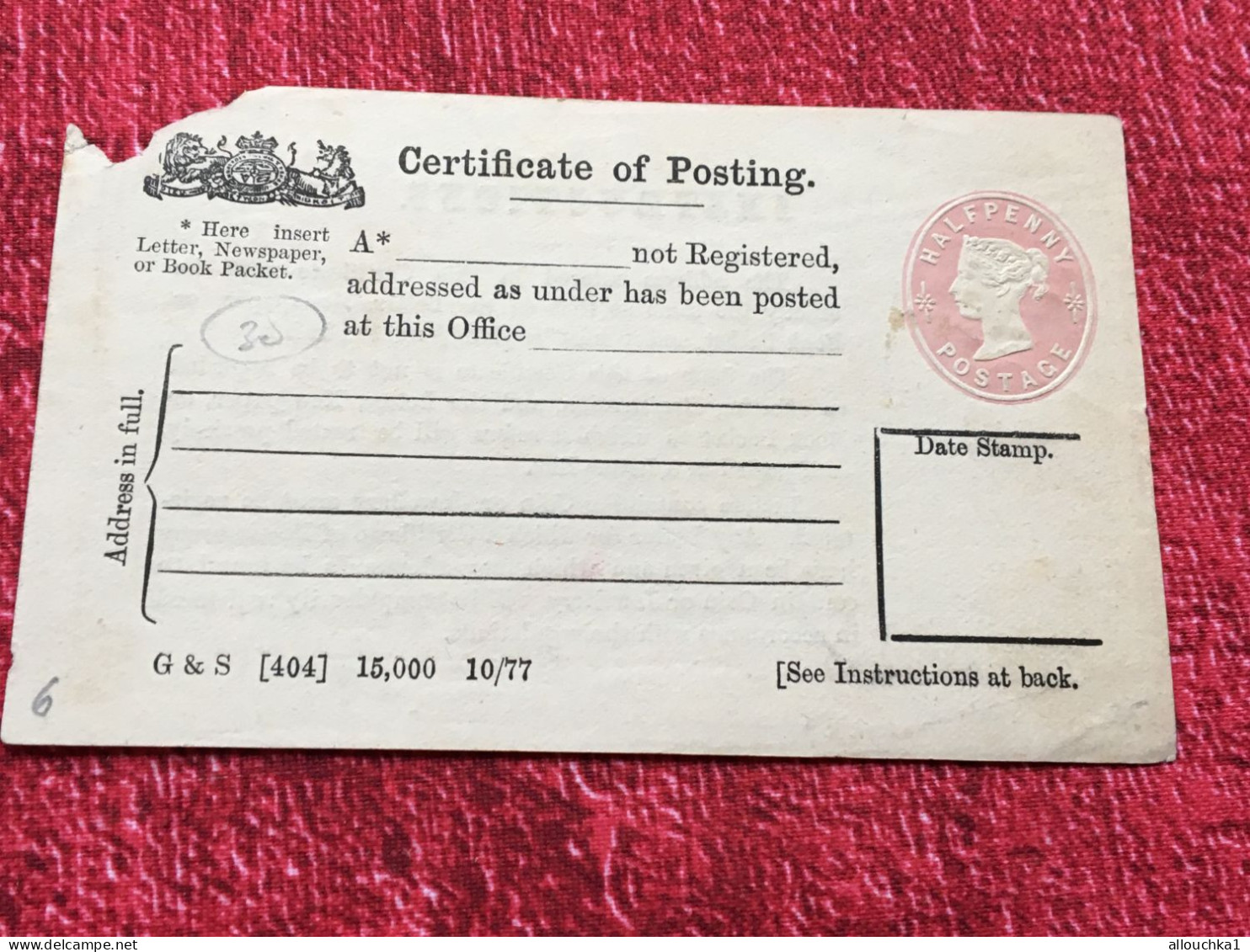 Certificate Of Posting Timbre New** Europe Grande-Bretagne Royaume Uni Entiers Postaux-AOP GB-1878 -instructions On Back - Lettres & Documents