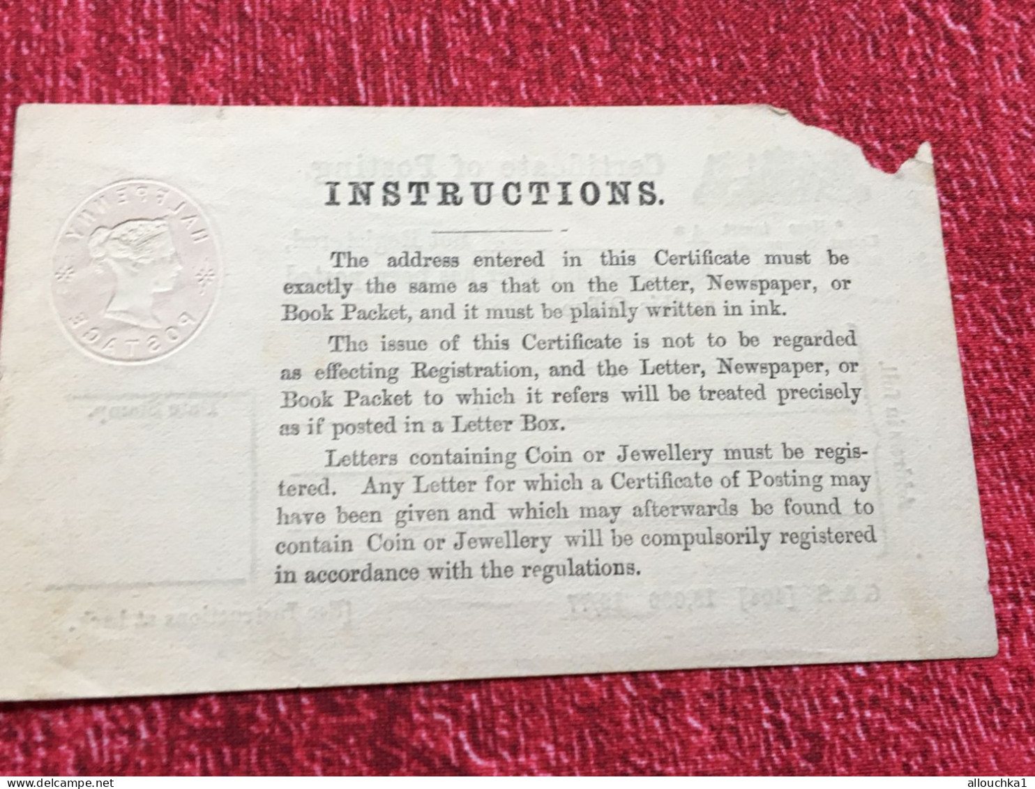 Certificate Of Posting Timbre New** Europe Grande-Bretagne Royaume Uni Entiers Postaux-AOP GB-1878 -instructions On Back - Lettres & Documents