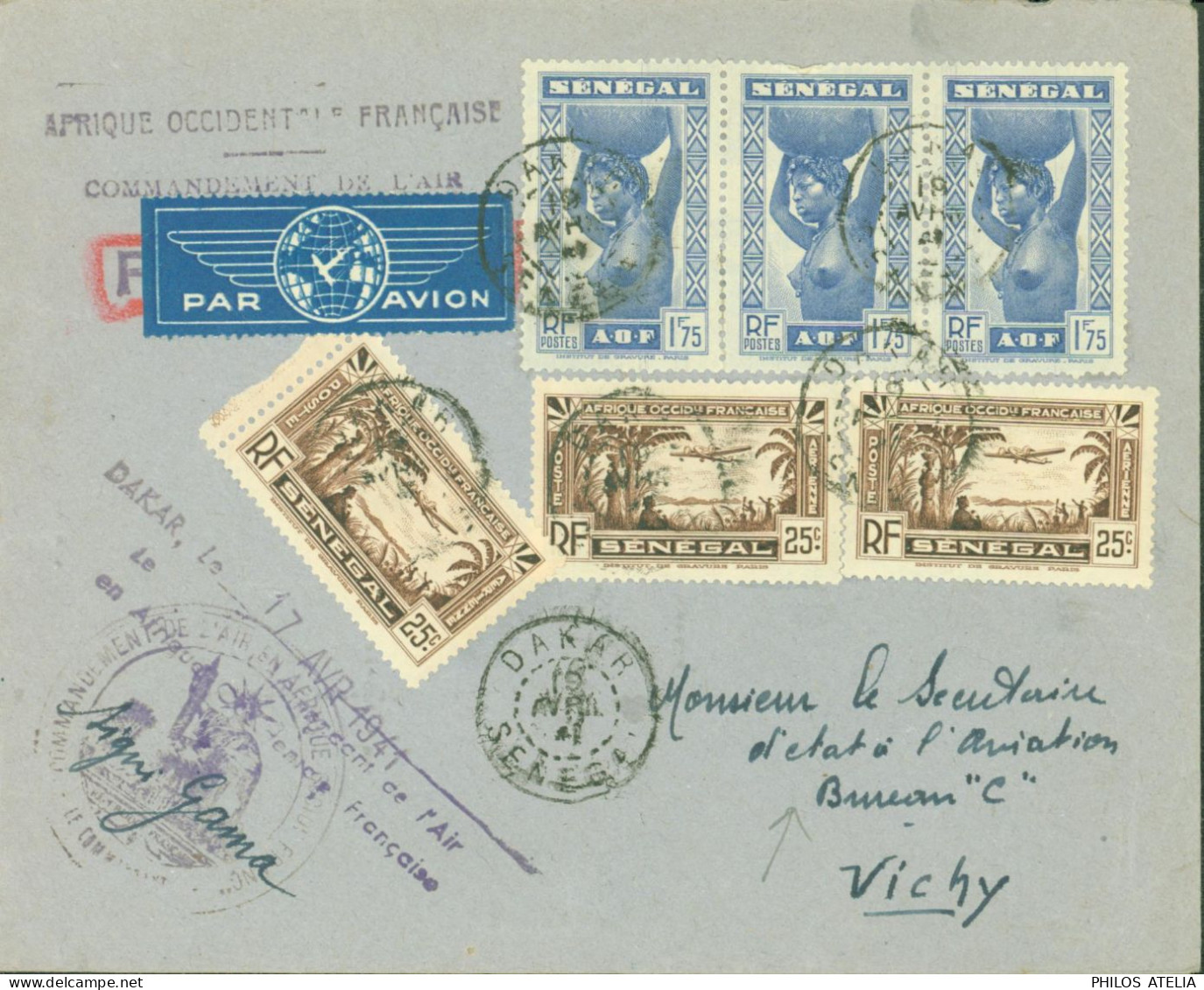 Dakar Commandement De L'air En AOF YT Sénégal Poste Aérienne N°1 X3 + 148 X3 Pour Secrétaire D'état à L'aviation Vichy - Airmail