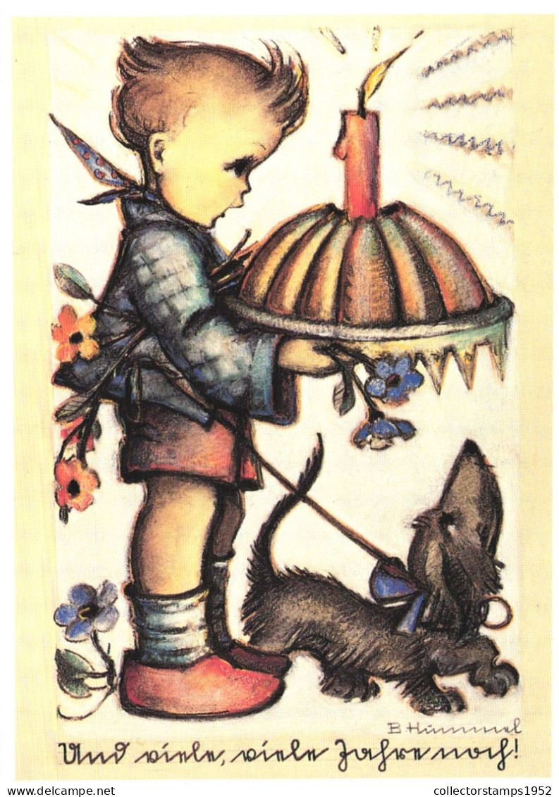 ILLUSTRATION, M.I. HUMMEL, BEGGING HIS SHARE, NR. 62.1355, CHILD, BOY, DOG, CANDLE, CAKE, SIGNED, POSTCARD - Hummel