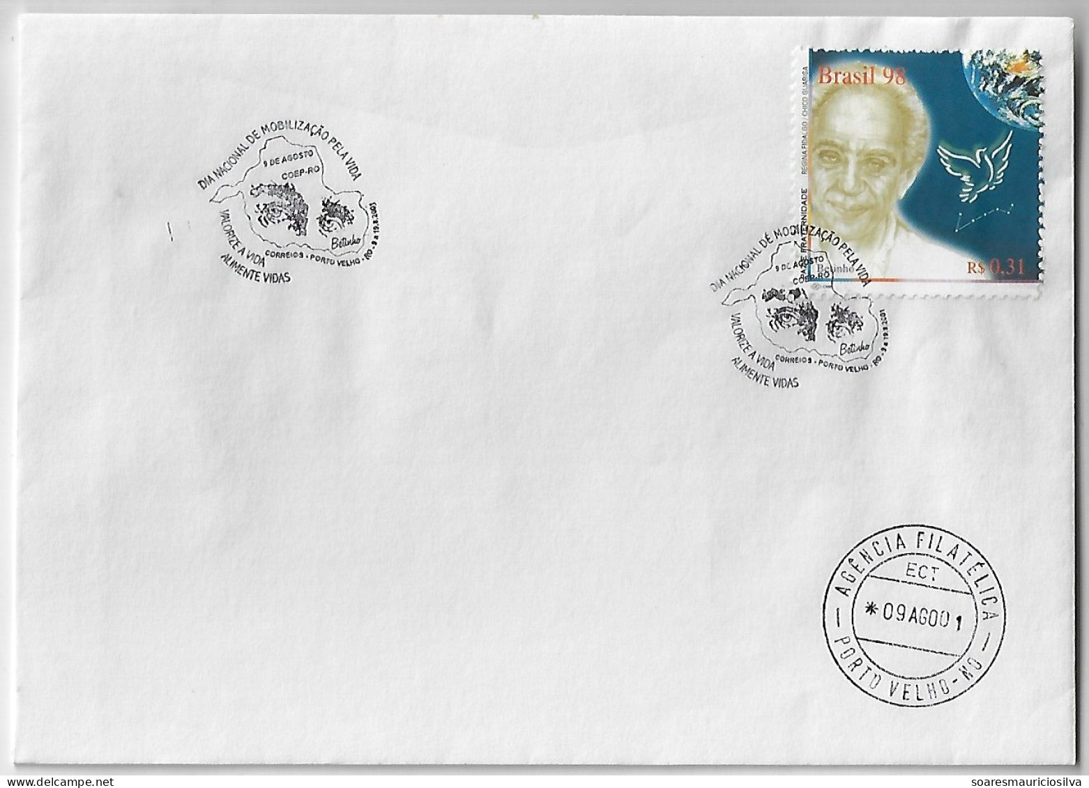 Brazil 2001 Cover Commemorative Cancel National Day Of Mobilization For Life Sociologist Betinho Eye Map Of Rondônia - Covers & Documents