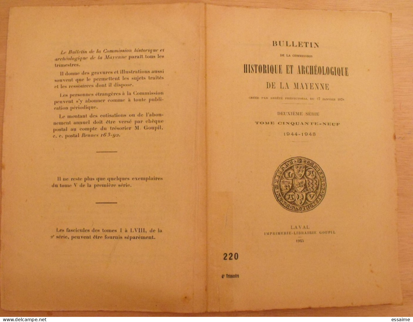 bulletin historique et archéologique de la Mayenne. 1944-45, tome LIX-217 à 220. Laval Chateau-Gontier. Goupil.