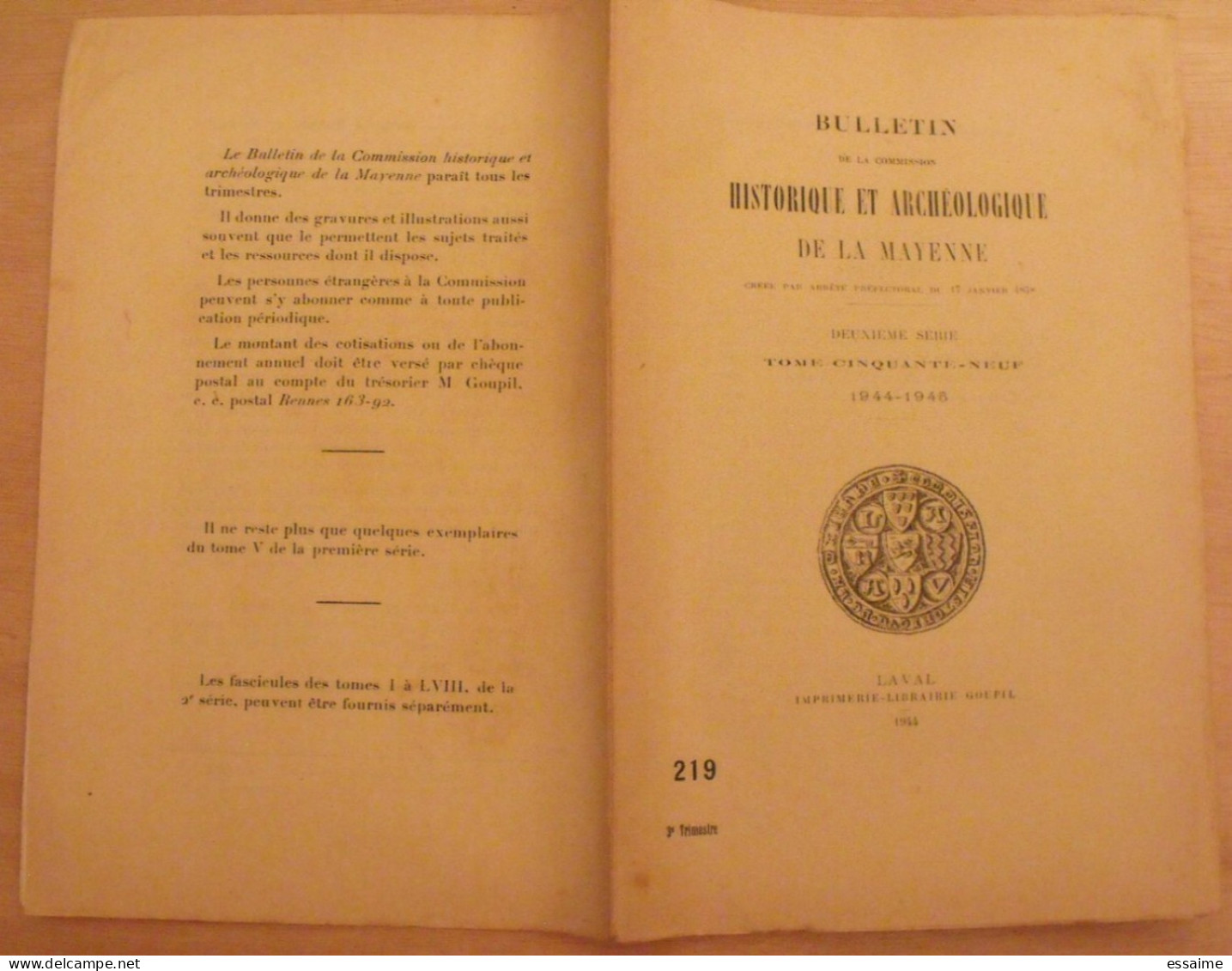 bulletin historique et archéologique de la Mayenne. 1944-45, tome LIX-217 à 220. Laval Chateau-Gontier. Goupil.