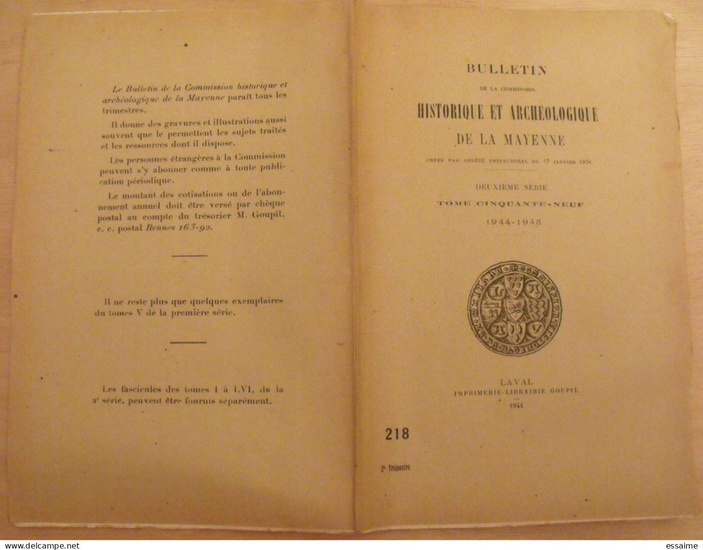 bulletin historique et archéologique de la Mayenne. 1944-45, tome LIX-217 à 220. Laval Chateau-Gontier. Goupil.