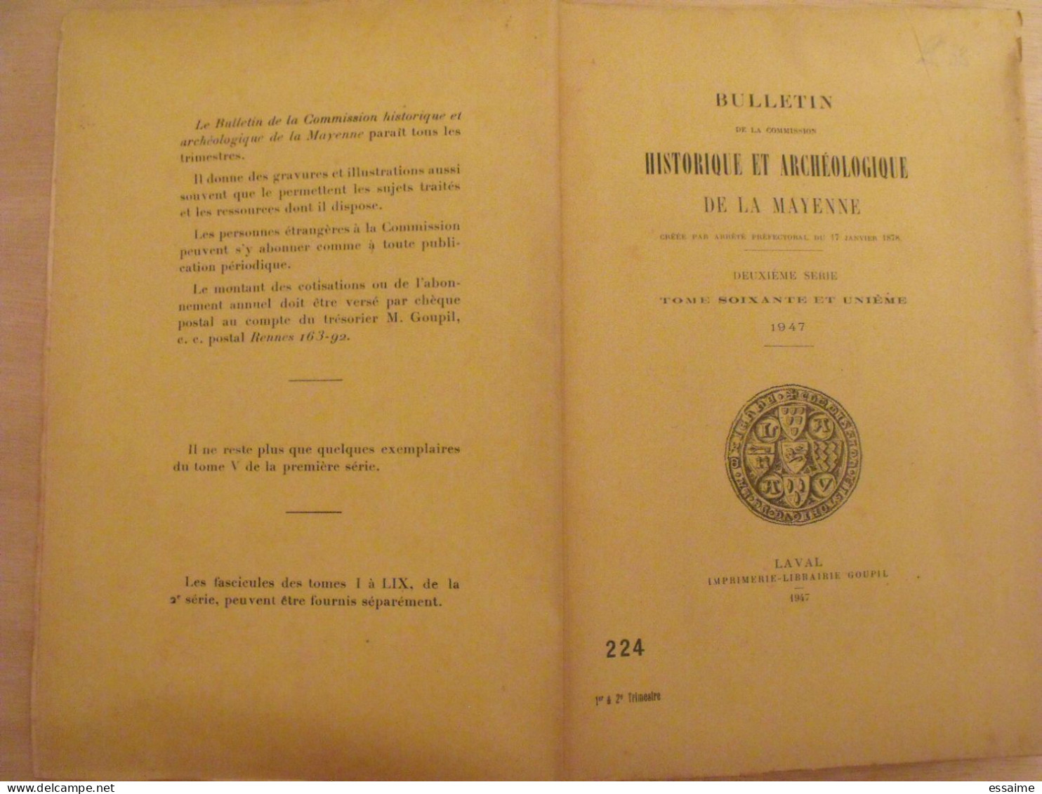 Bulletin Historique Et Archéologique De La Mayenne. 1947, Tome LXI-224,225. Laval Chateau-Gontier. Goupil. - Pays De Loire