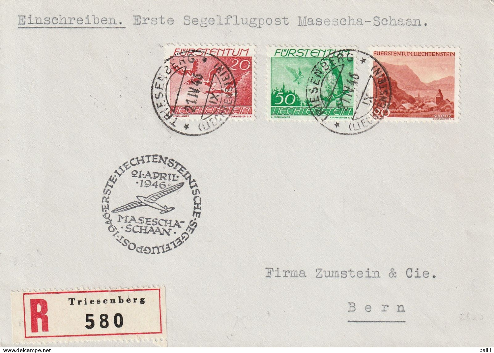 Liechtenstein Lettre Aviation Recommandée Triesenberg Pour La Suisse 1946 - Briefe U. Dokumente