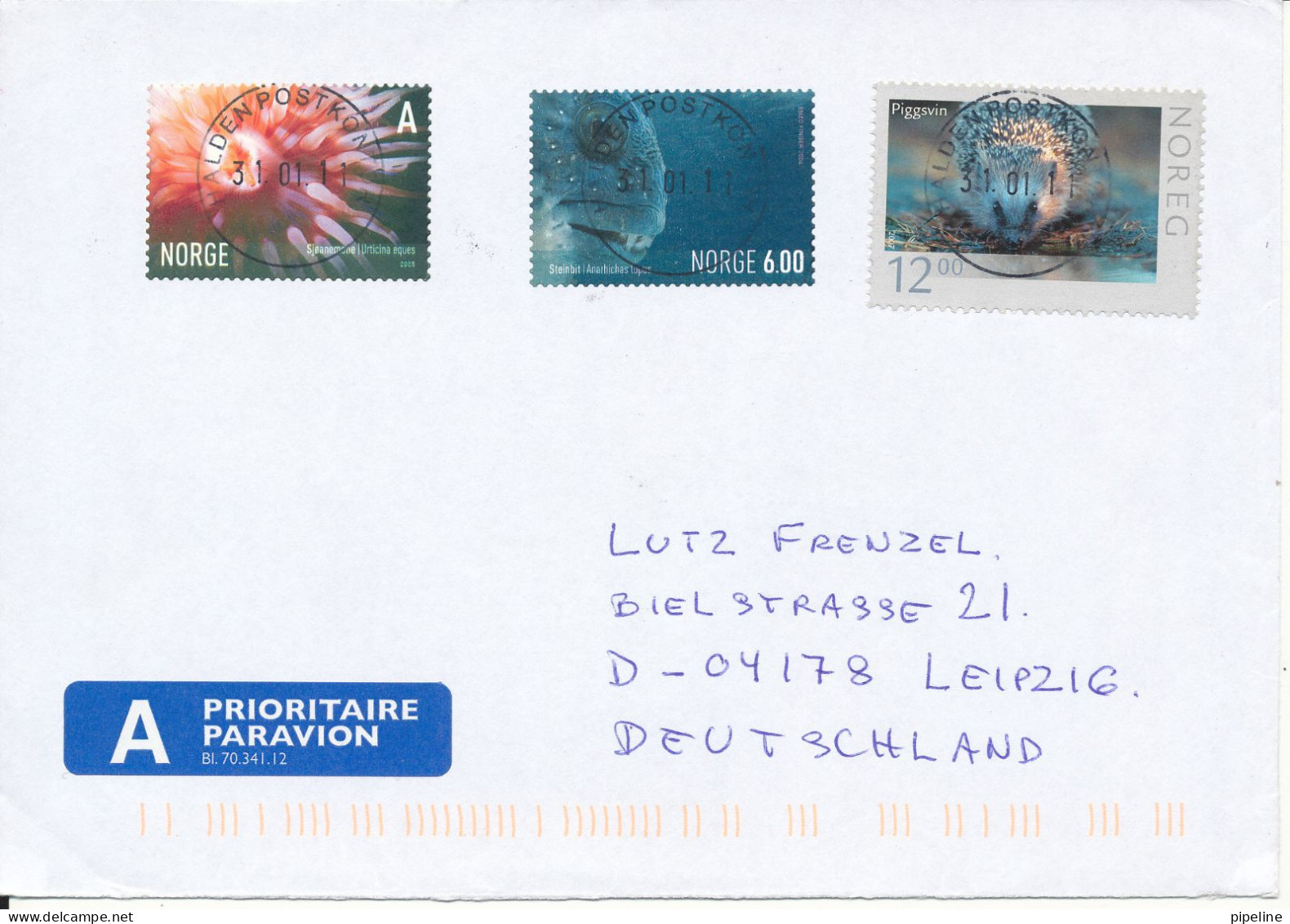 Norway Cover Sent To Germany Halden 31-1-2011 Perfect SUN Cancel On All 3 Stamps - Covers & Documents