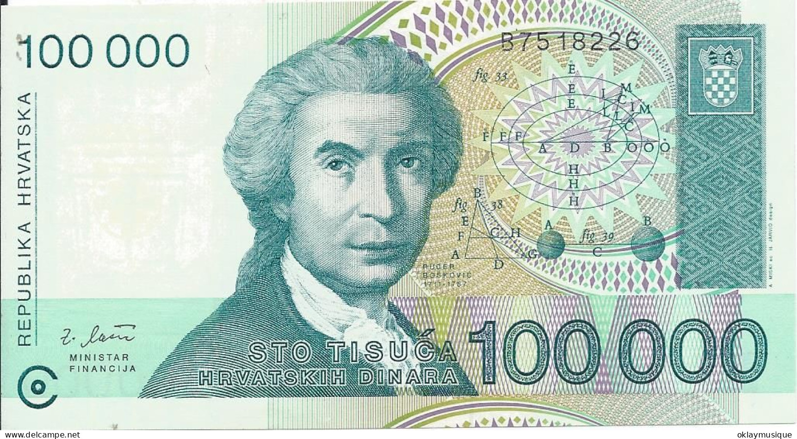 100,000 Dinara 1993  Ruđer Bošković - Mathématicien, Astronome Et Physicien Croate Neuve - Croazia