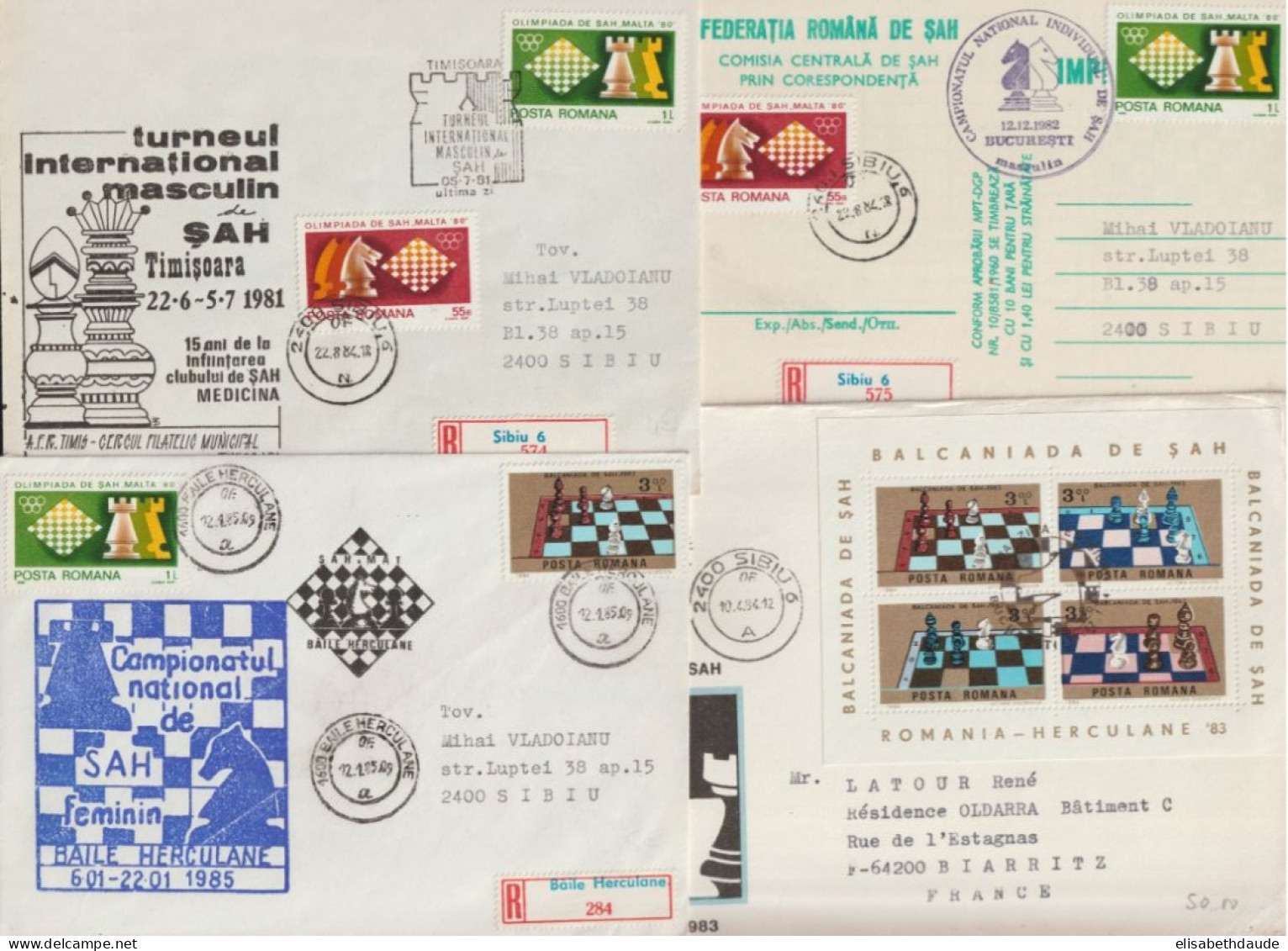 ROUMANIE - ECHECS / CHESS ! - 4 ENVELOPPES RECOMMANDEES ILLUSTREES DIVERS CHAMPIONNATS 1980/1985 - Cartas & Documentos