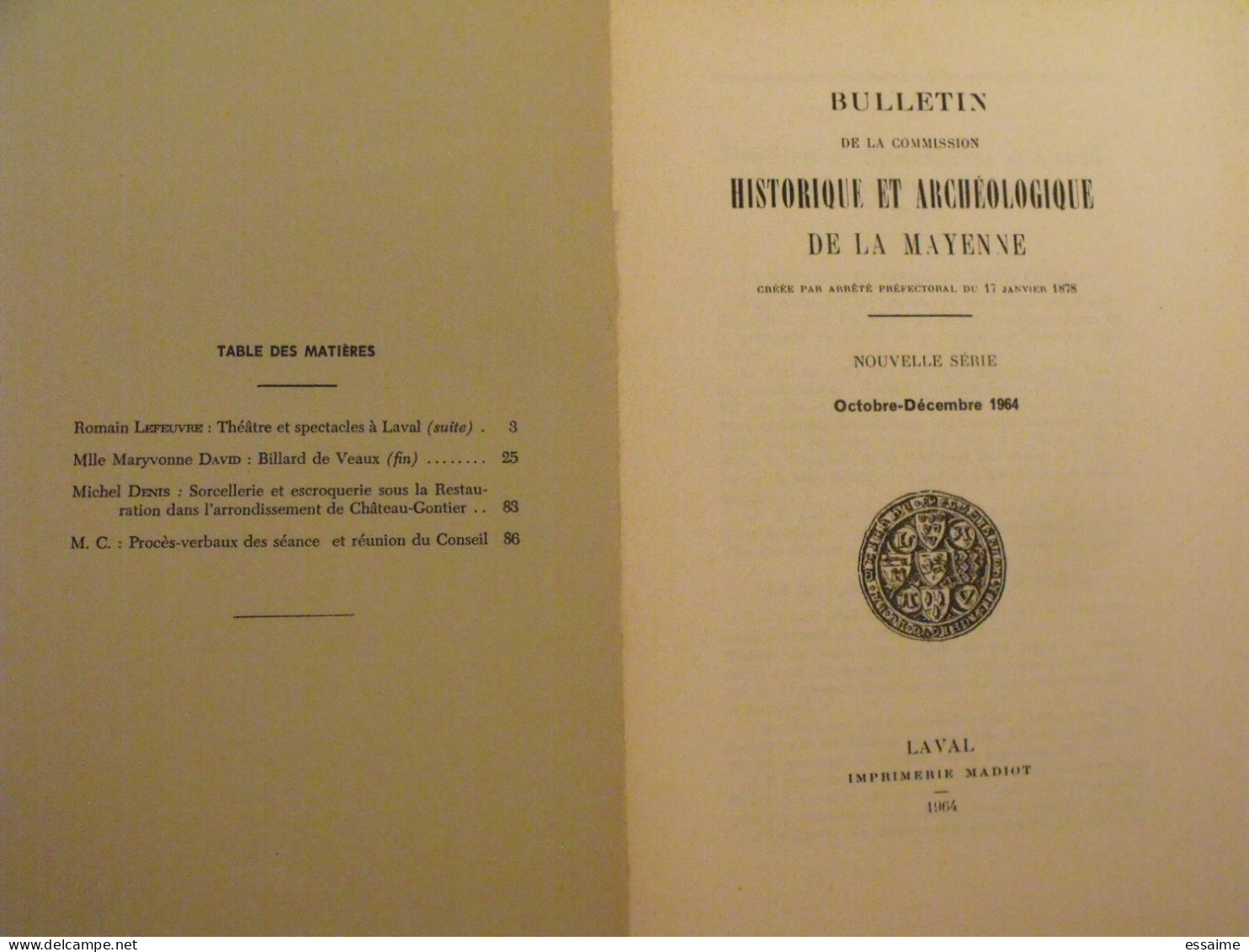 Bulletin Historique Et Archéologique De La Mayenne. 1964, N° 4 (236) . Laval Chateau-Gontier. Goupil. - Pays De Loire