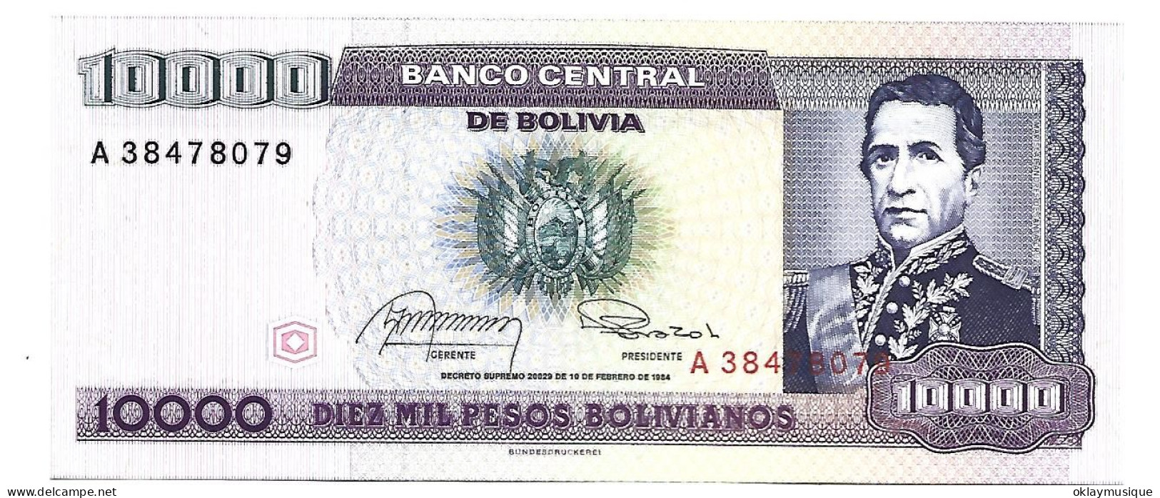 10000 Pesos Bolivianos 1984  Portrait Du Maréchal Andres De Santa Cruz (bolivie) - Bolivie