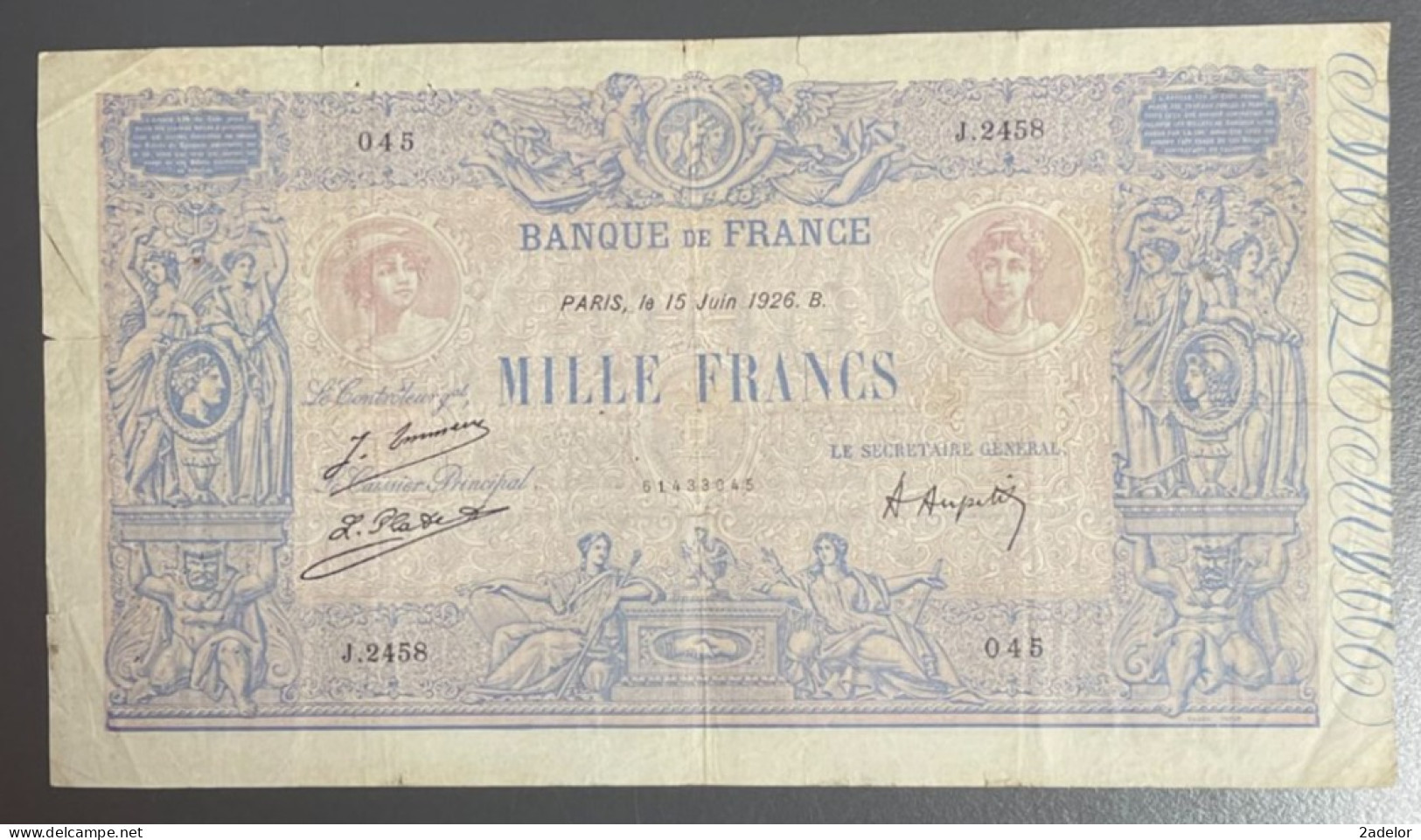 Beau Billet De 1000 Francs Bleu Et Rose, 15 Juin 1926. Etat TB/TB+ - 50 F 1889-1927 ''Bleu Et Rose''