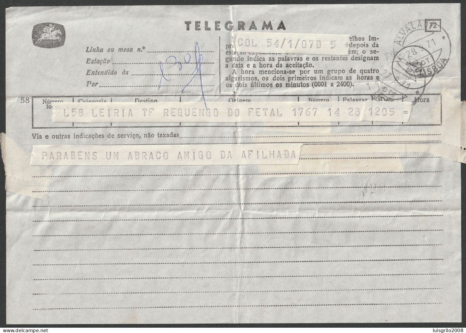 Telegram/ Telegrama - Reguengo Do Fetal, Leiria > Lisboa -|- Postmark - Alvalade. Lisboa. 1971 - Brieven En Documenten
