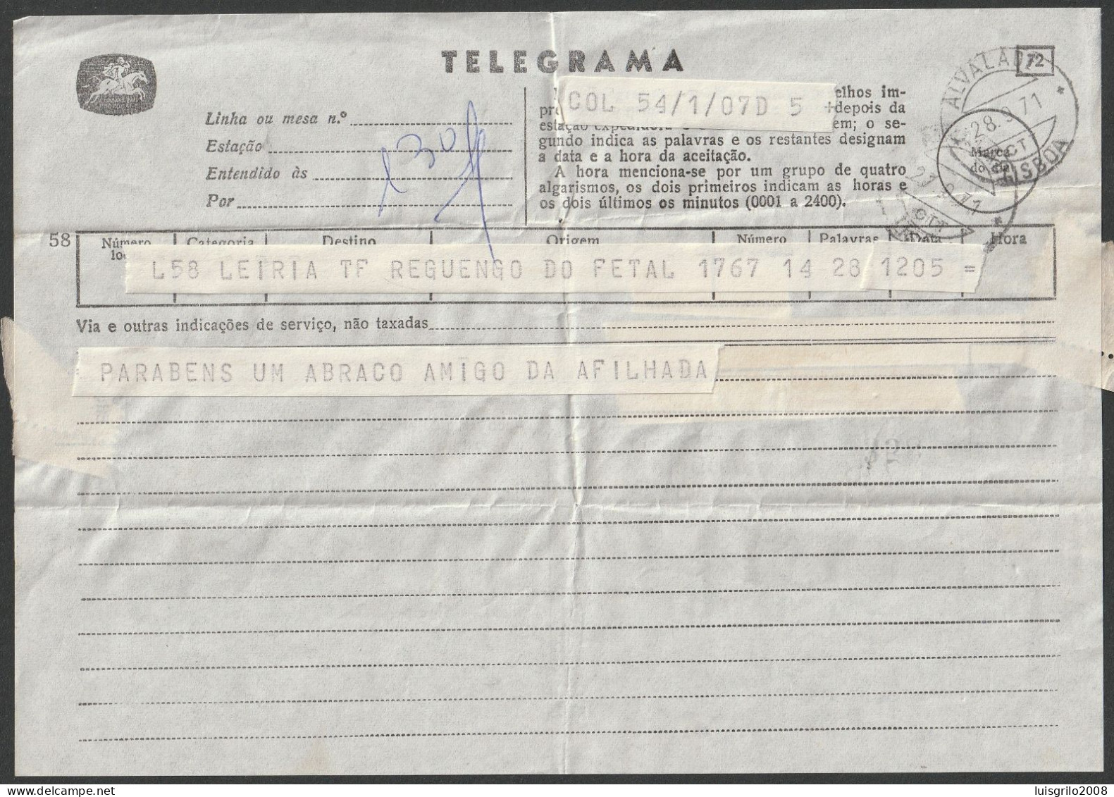 Telegram/ Telegrama - Reguengo Do Fetal, Leiria > Lisboa -|- Postmark - Alvalade. Lisboa. 1971 - Briefe U. Dokumente