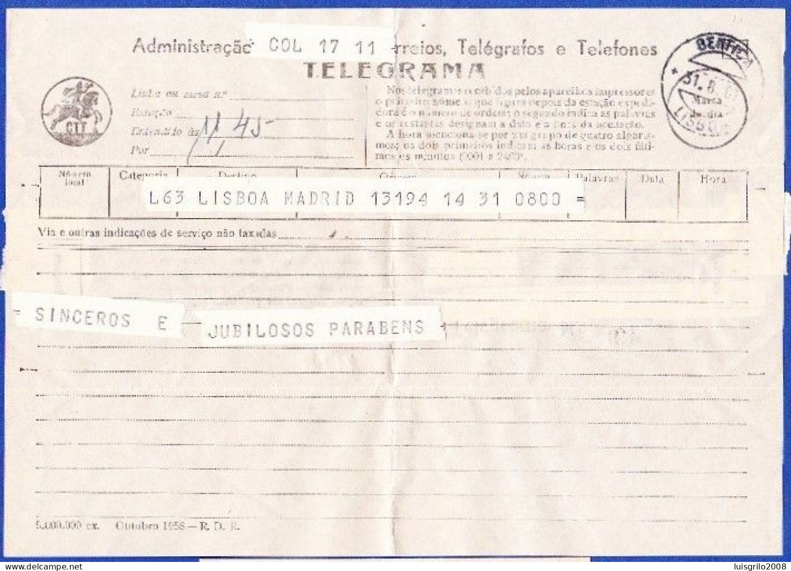 Telegram/ Telegrama - Av. Madrid, Lisboa > Benfica, Lisboa -|- Postmark - Benfica. Lisboa. 1961 - Brieven En Documenten