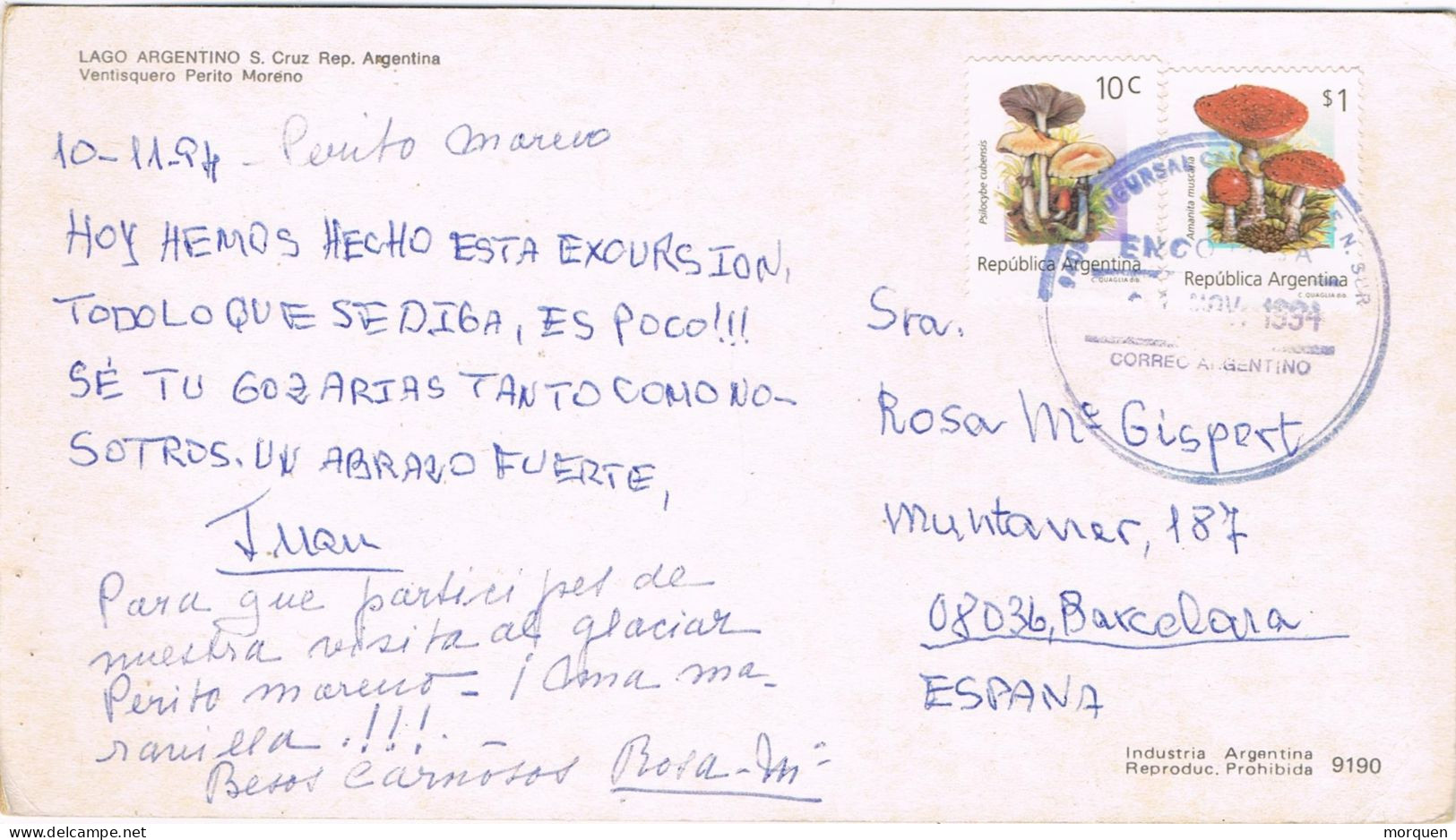 53160. Postal Aerea PERITO MORENO (Argentina) 1994. Glaciar Antartico. Vista De  CALAFATE - Cartas & Documentos