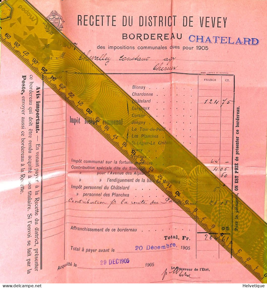 Lettre Recette Vevey Chatelard 1905 Chevalley Chernex - Suiza