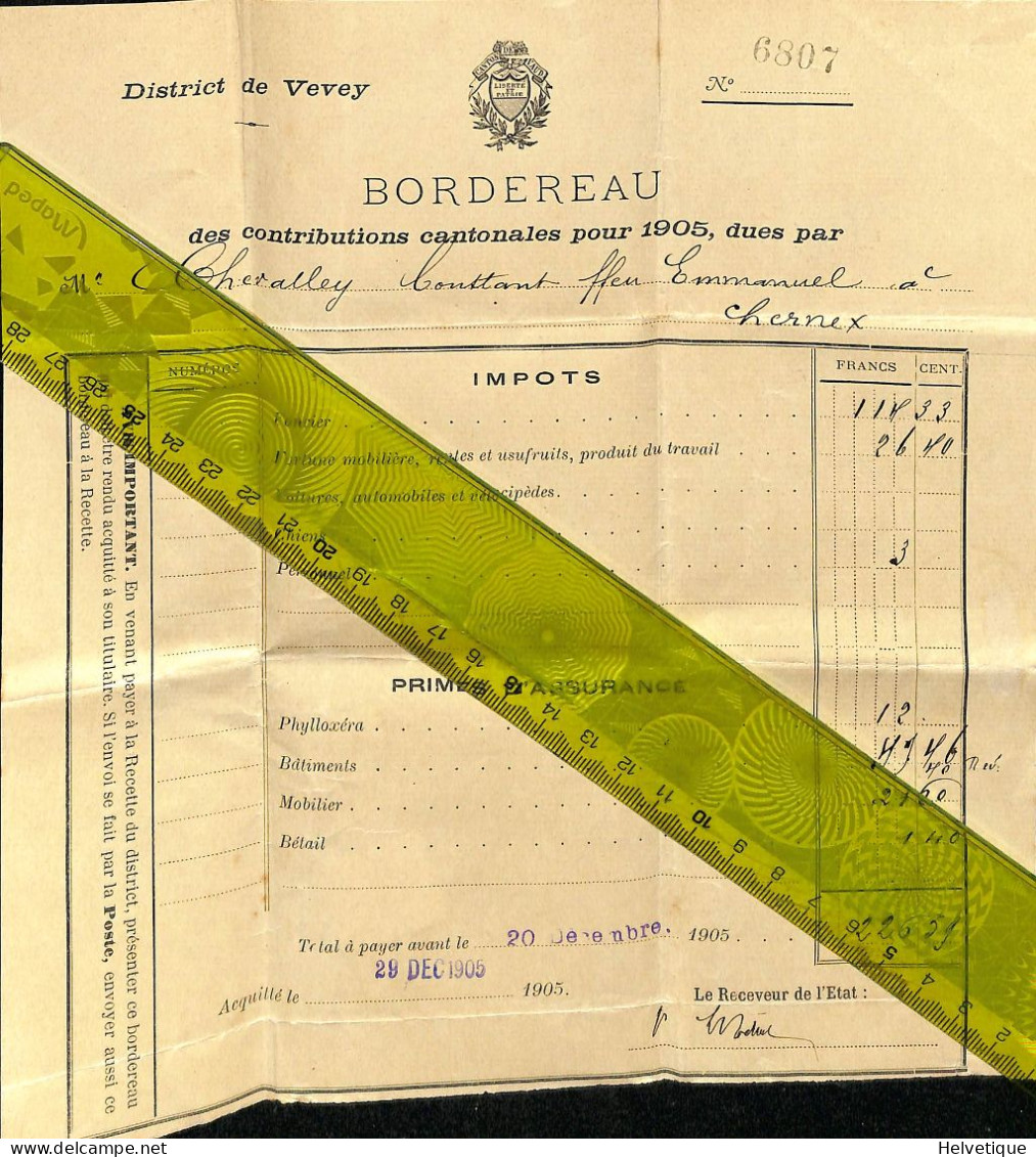 Lettre Recette Vevey Chatelard 1905 Chevalley Chernex - Zwitserland