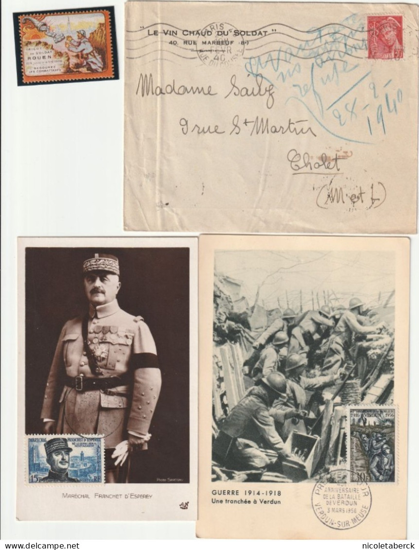 Mercure "Le Vin Chaud Du Soldat" 27/4/40 + Vignette De 1914/18 + 2 Cartes 1er Guerre + Carte De Stalag. Collection BERCK - 1938-42 Mercure