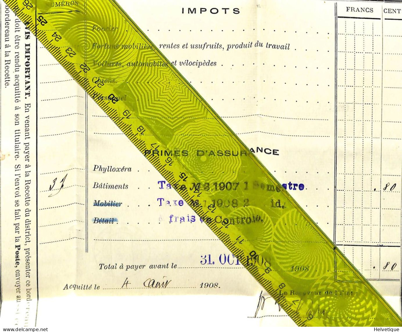 Montreux Linéaire District Vevey Impôt 1908 Chevalley Chernex - Suisse