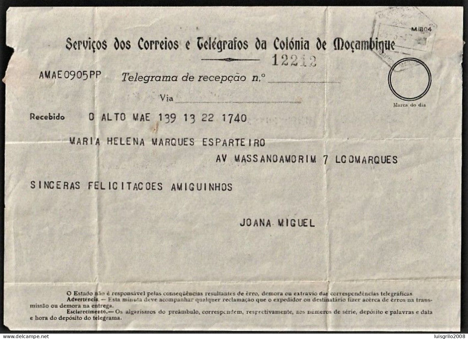 Telegram/ Telegrama De Recepção - Colónia De Moçambique > Lourenço Marques -|- Postmark - Lourenço Marques. 1947 - Lettres & Documents