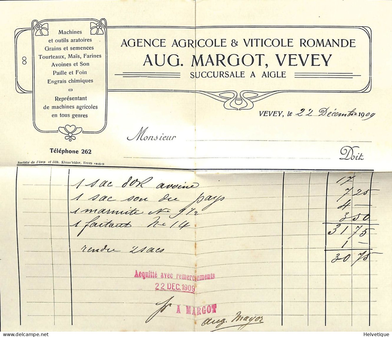 Facture Agence Agricole Et Viticole Vevey 1909 - Switzerland