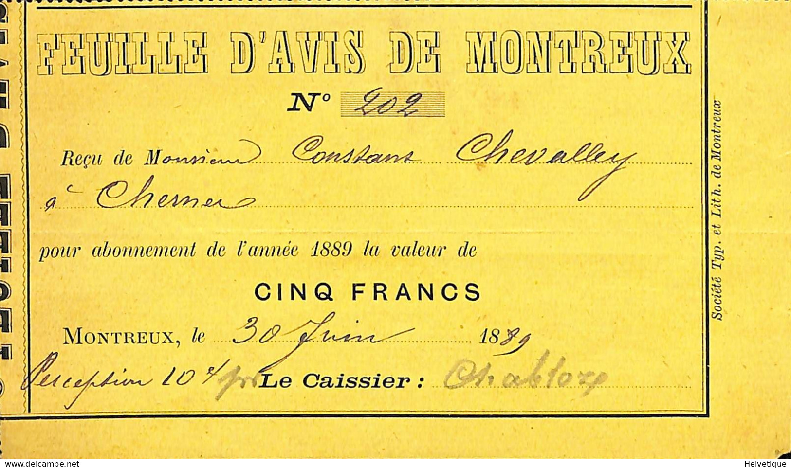 Facture  Abonnement Feuille D'avis De Montreux 1889 - Suisse