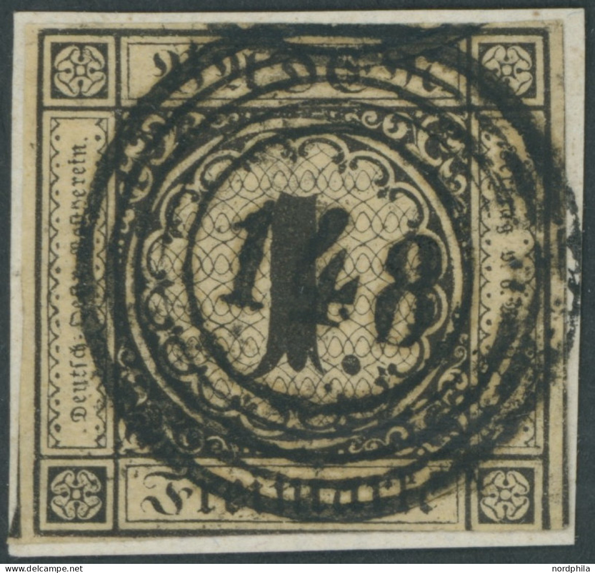 BADEN 1a BrfStk, 1851, 1 Kr. Schwarz Auf Sämisch, Zentrischer Nummernstempel 148, Unten Teils Etwas Angeschnitten Sonst  - Afgestempeld