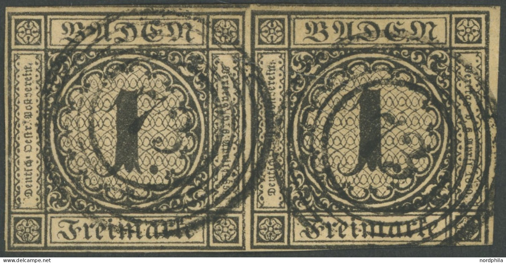 BADEN 1b Paar O, 1851, 1 Kr. Schwarz Auf Braun Im Waagerechten Paar Mit Nummernstempel 73 (KRAUTHEIM), Rechte Marke Unte - Usati
