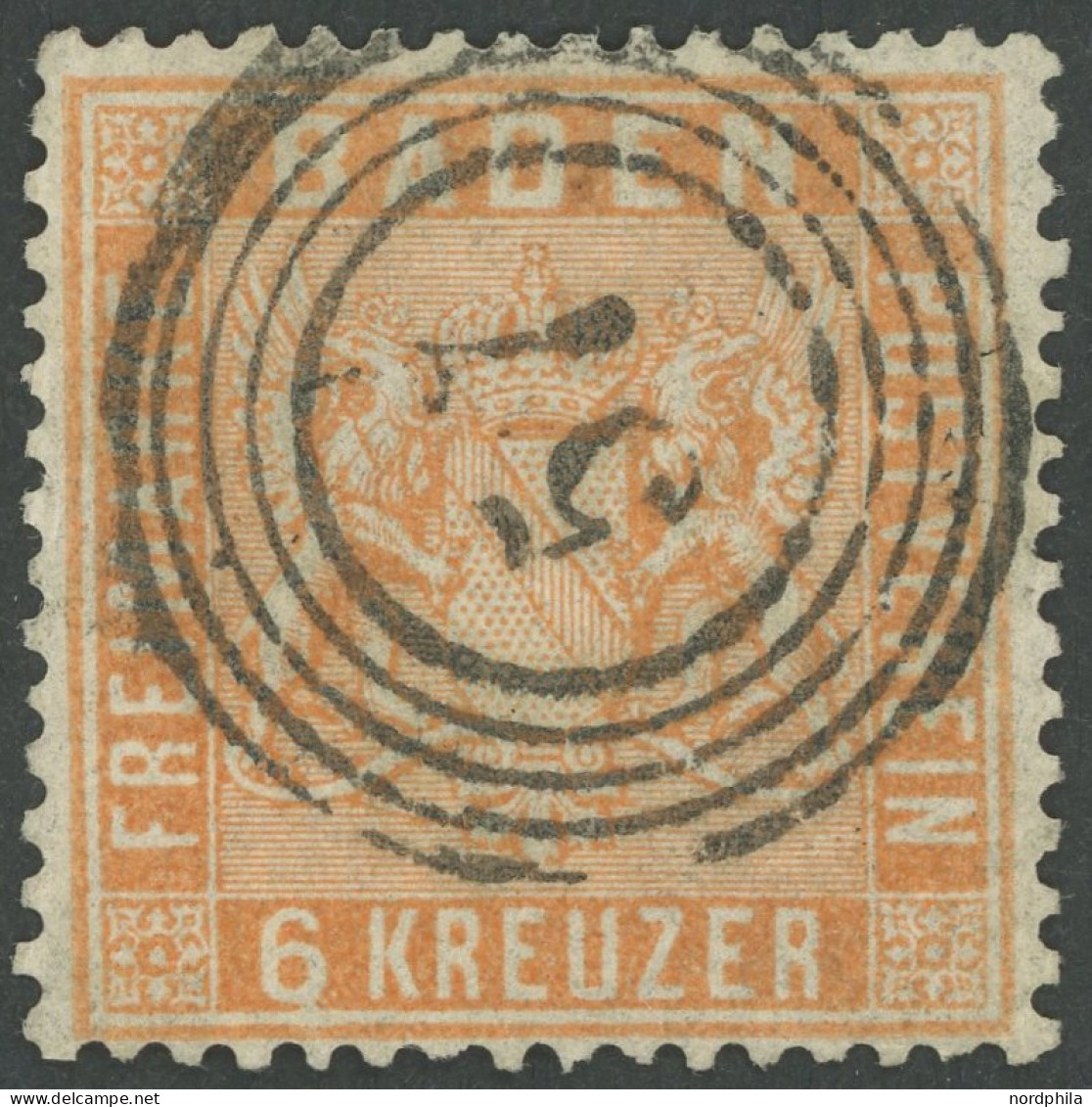 BADEN 11b O, 1861, 6 Kr. Gelb, Nummernstempel 57, Pracht, Mi. 120.- - Used