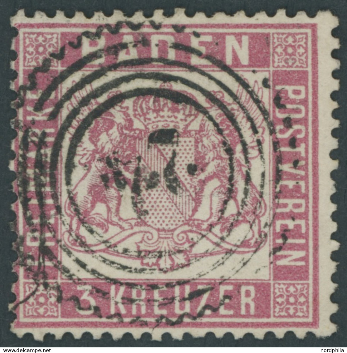 BADEN 16 O, 1862, 3 Kr. Rosakarmin, Nummernstempel 24, Pracht, Mi. 350.- - Oblitérés