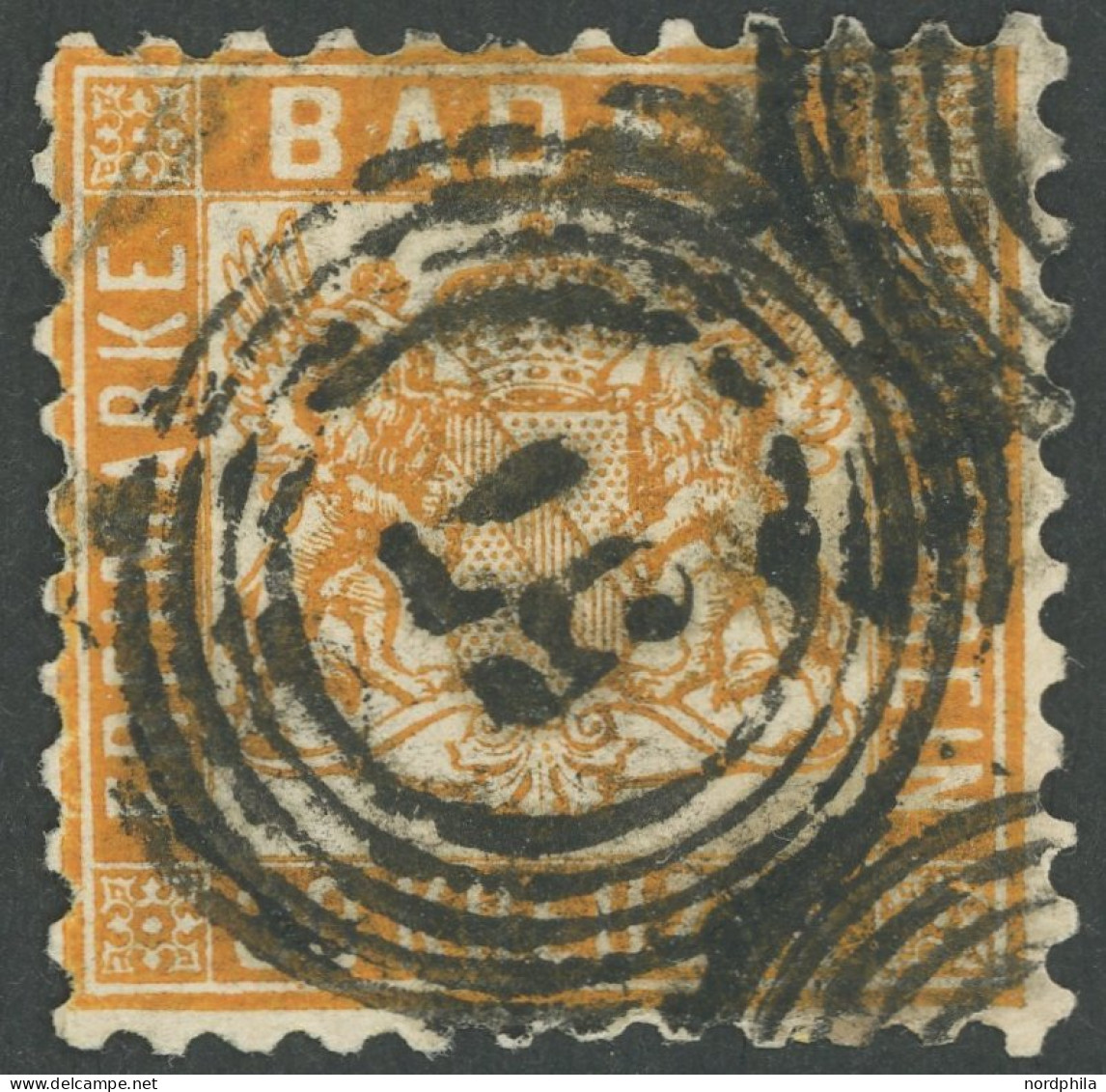 BADEN 22b O, 1862, 30 Kr. Dunkelgelblichorange, Nummernstempel 57, Eckbüge, Feinst, Gepr. U.a. Bühler, Mi. (3000.-) - Usati